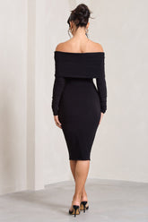 Black Twist Front Bardot Midi Dress